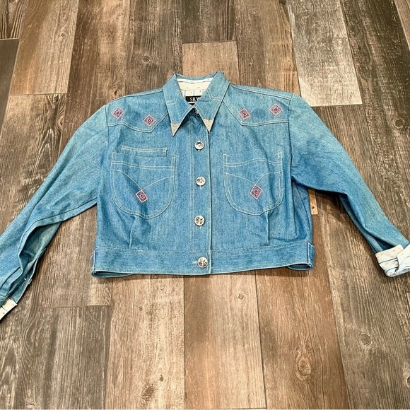 VTG 1990s SK Wear Beaded Embroidered Denim Jacket Button Up Boho Western Size 12 - Picture 5 of 9